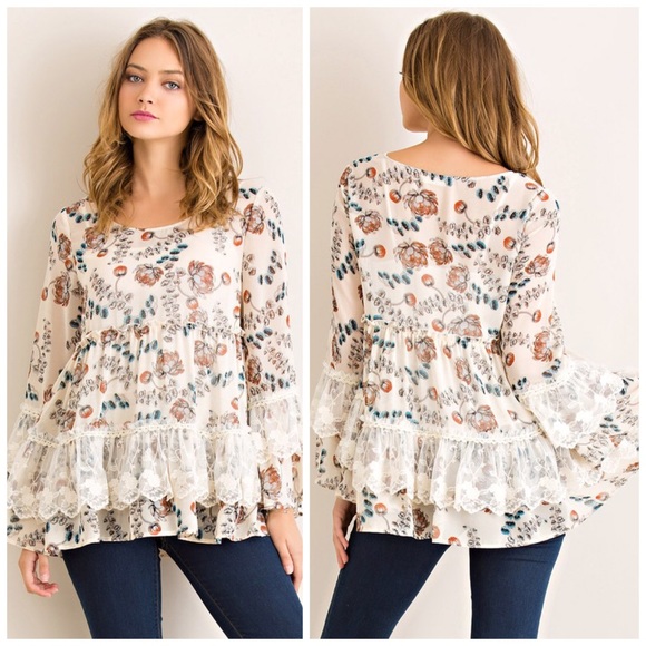 😊LAST 1! Oatmeal Ruffled Lace Floral Tunic! - Picture 4 of 5